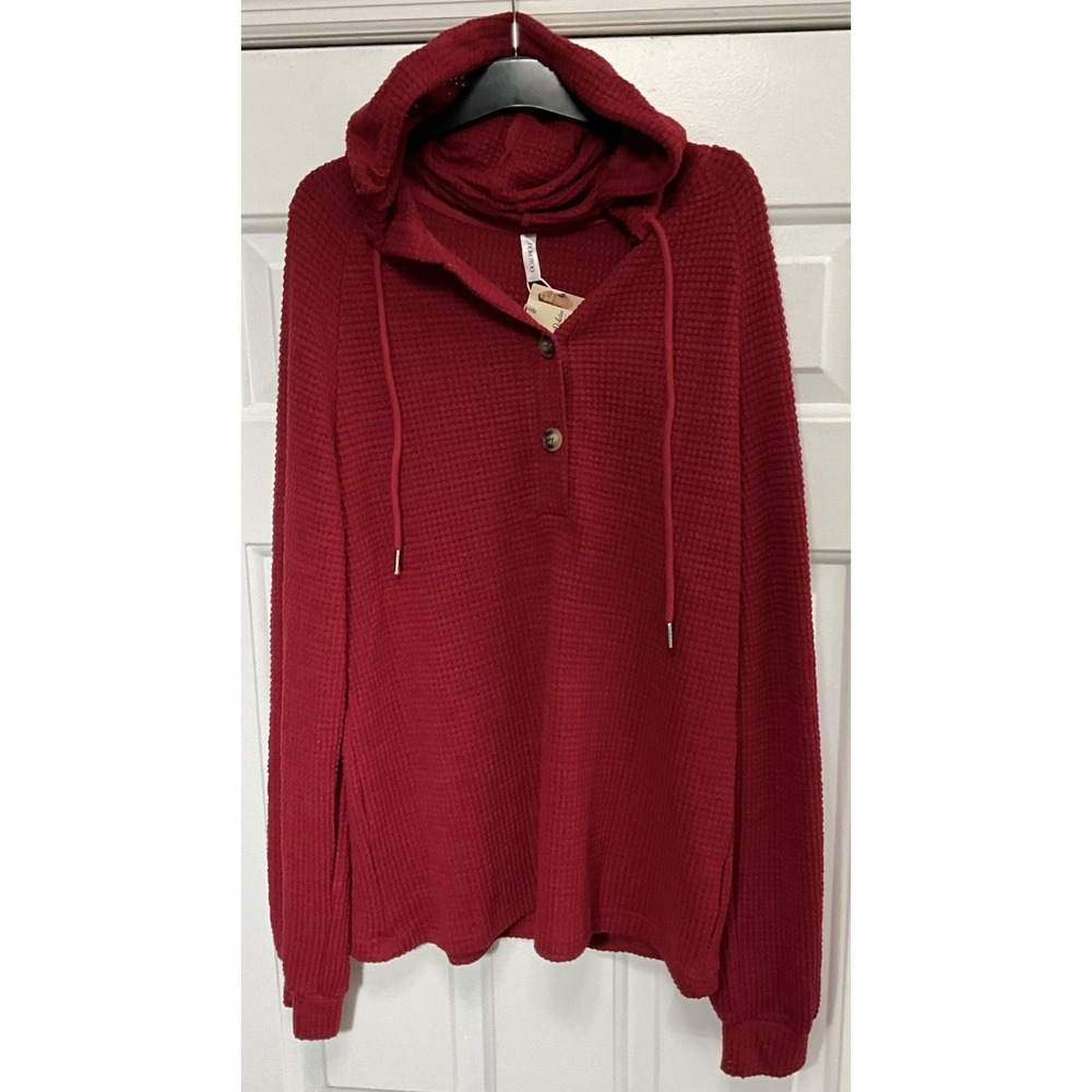 Dokotoo Red Waffle Knit Drawstring Hoodie/Sweater Button V Neck Women's Large